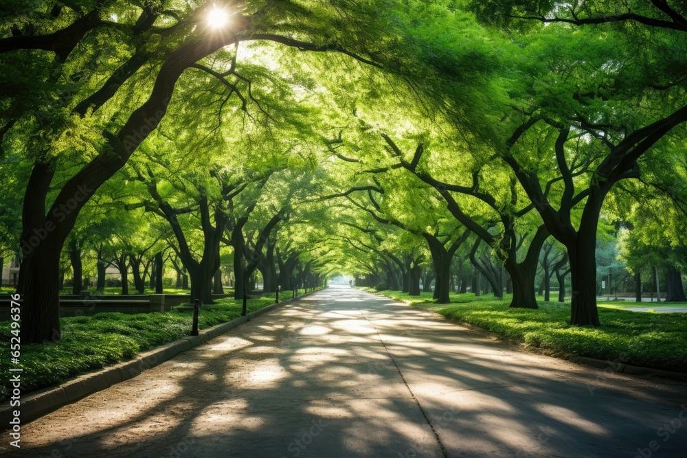 Fototapeta premium Emerald Canopy Shrouding Sunlit Pathway.