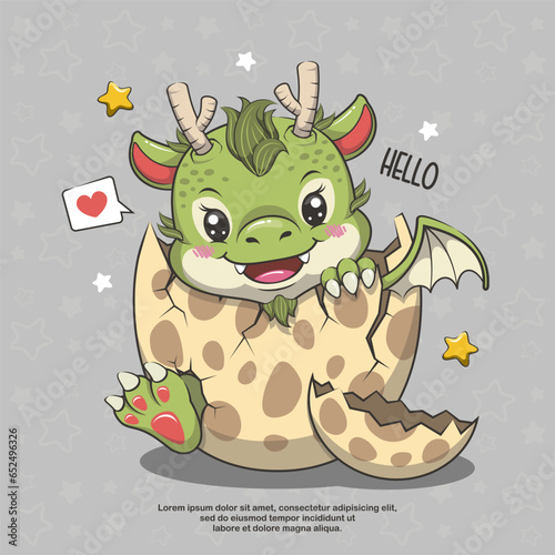Cute Baby Dragon In Egg, Cartoon Vector Illustration
