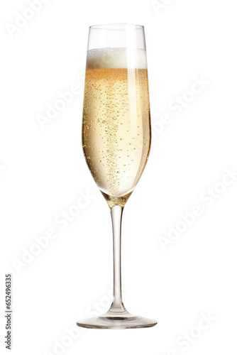 An elegant glass flute filled with bubbly champagne, with effervescent bubbles rising to the top, on white background