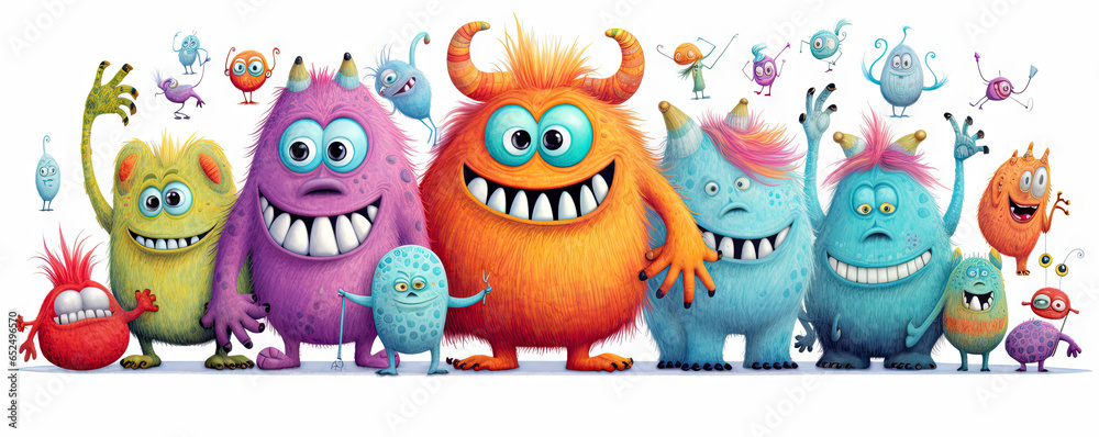 Friendly monsters in a playful, comical scene