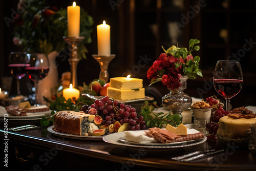 An elegant table setting prepared for a festive holiday dinner  with glittering decorations  candles  and a lavish spread of gourmet food
