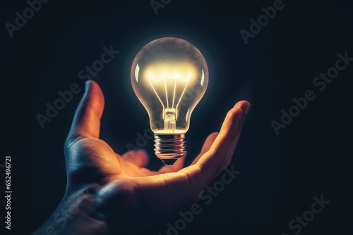 Hand holding creative idea electric light bulb or glowing isolated on black background.