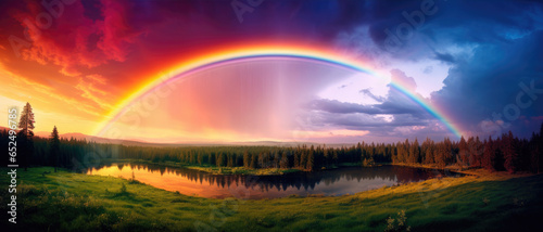 Rainbow phenomenon after rain, when bright colors stretch across the sky.