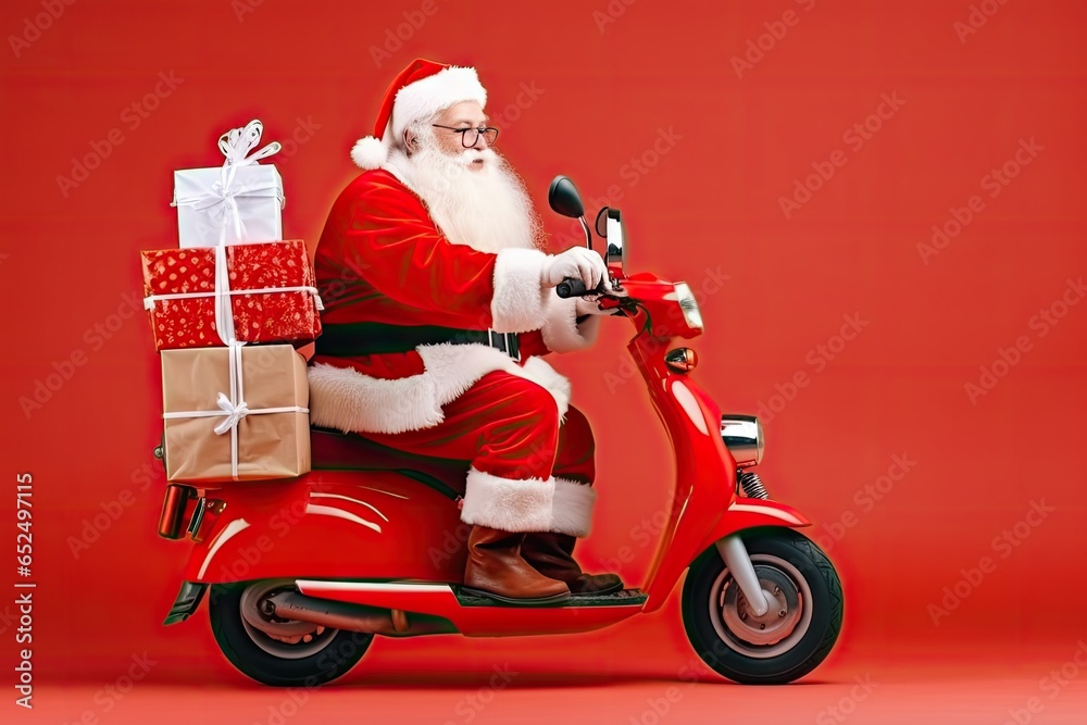 Fun Santa Riding Moped Carrying Pile Stack Fairy Purchases, Generative AI Illustration Fun Santa Riding Moped Carrying Pile Stack Fairy Purchases, Generative AI Illustration