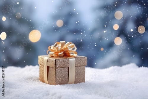 Christmas Gift Box on Snow, One Xmas Gift in Snowflakes, Generative AI Illustration © artemstepanov