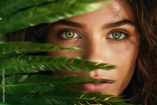 Beautiful Savage Woman in Nature Green Leaves, Young Wild Girl Portrait, Generative AI Illustration
