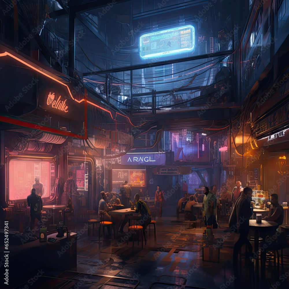Street Cafes in Night City Cyberpunk Style, Generative AI Illustration, Drawing Imitation