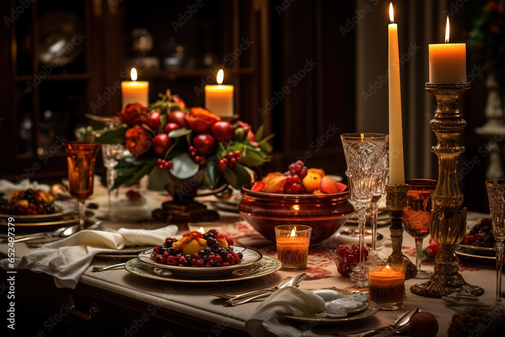 An elegant table setting prepared for a festive holiday dinner, with glittering decorations, candles, and a lavish spread of gourmet food