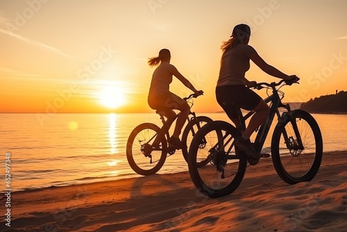 Cycling People Silhouettes on Beach, Generative AI Illustration