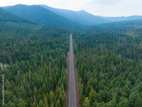 A lonely road leads through a seemingly endless forest in the Pacific Northwest. © ead72