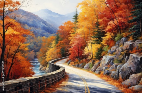 colorful vista of a road in autumn through trees Generative AI