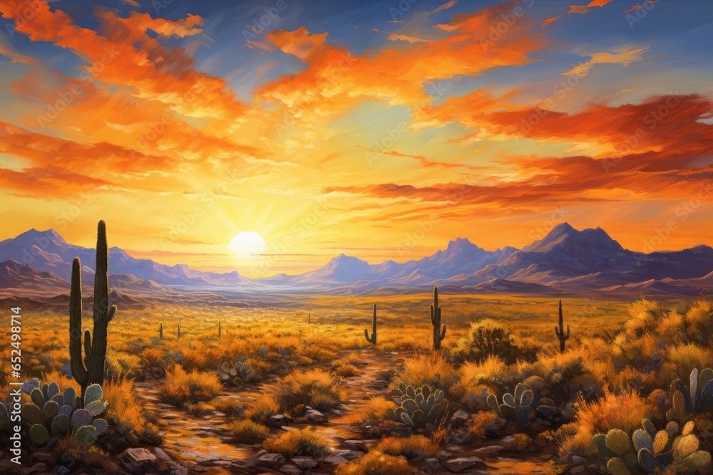 Tangerine sunsets painting desert horizons - obrazy, fototapety, plakaty 