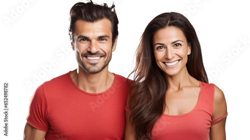 couple wearing red shirts smiling standing isolated against transparent background