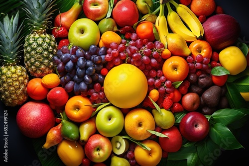 many different fruits and vegetables arranged together on a table