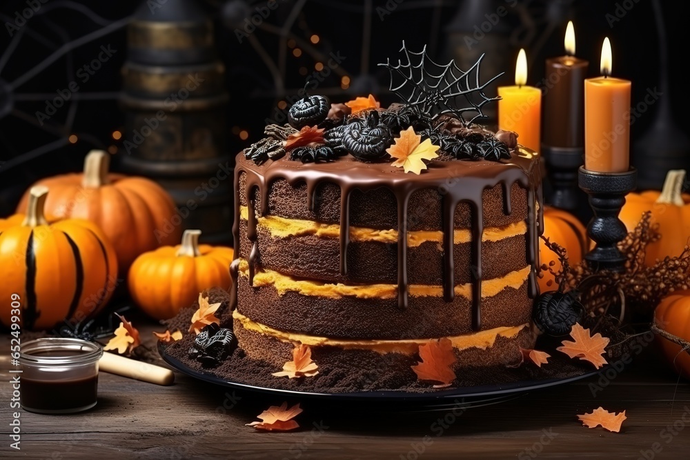 a close-up of a chocolate cake with candles and decorations, Halloween pumpkin, and a candle