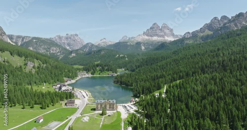 Aerial shot of Lago di Misurina in the Italian Dolomites