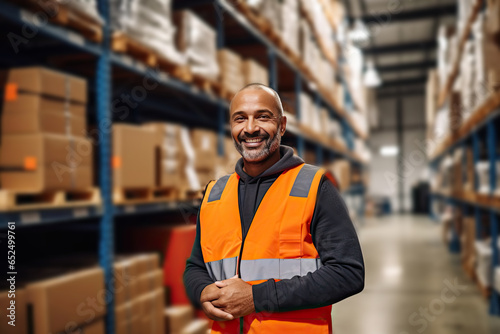 Warehouse Manager at Work, Happy Male Factory Manager Using Digital Tablet, Generative AI Illustration