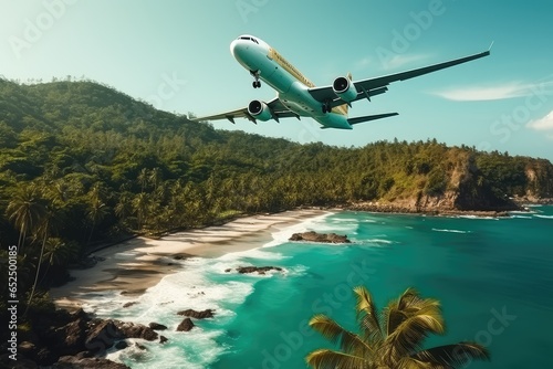 Plane Landing at Tropical Resort, Jet Flies Over Ocean and Rainforest, Generative AI Illustration