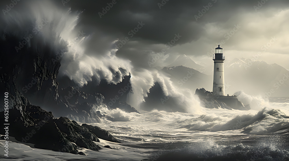 arafed lighthouse in the middle of a storm with a large wave coming in Generative AI