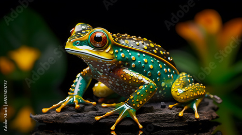 brightly colored frog sitting on a rock with yellow flowers in the background Generative AI