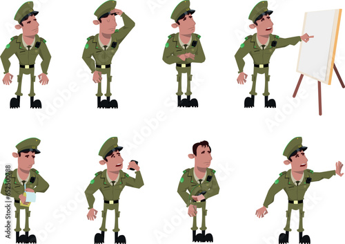Police man in eight different positions. Unarmed. Friendly situation. Public security service. Chilean police. Carabineros