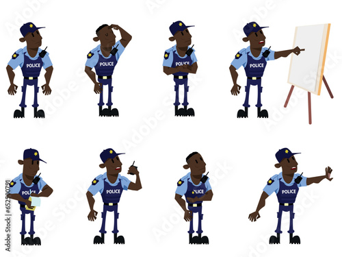 Police man in eight different positions. Unarmed. Friendly situation. Public security service. South African police