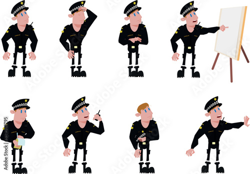 Police man in eight different positions. Unarmed. Friendly situation. Public security service. Icelandic police Lögreglan 