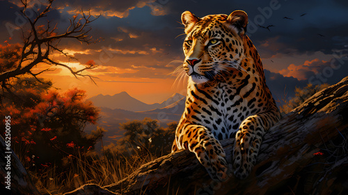 painting of a leopard sitting on a tree branch in a field Generative AI photo