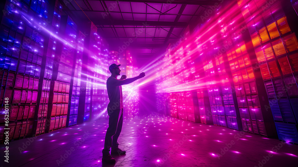 arafed man standing in a room with a large array of lights Generative AI