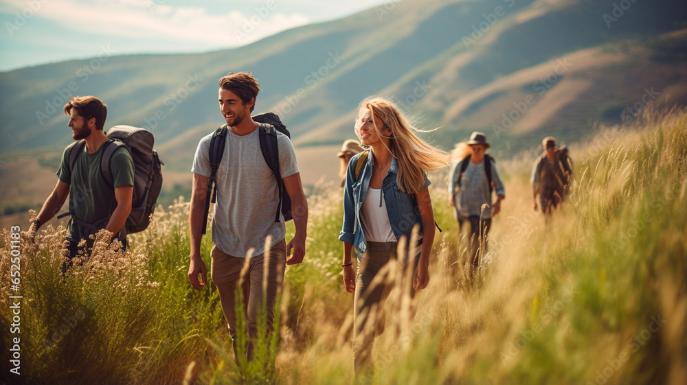 group of tourists with backpacks walking through the fields