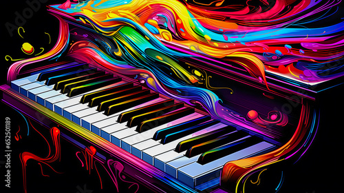 brightly colored piano with music notes and musical notes Generative AI