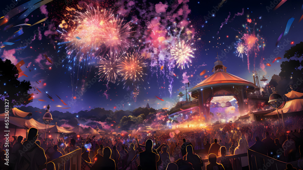 fireworks are lit up in the sky above a crowd of people Generative AI