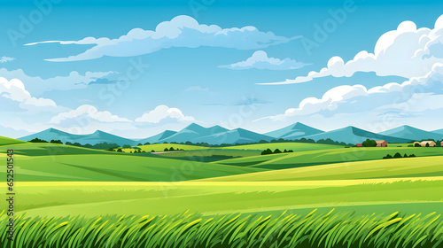 cartoon illustration of a green field with mountains and clouds Generative AI