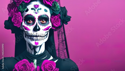 A woman with painted skull on her face for Mexico's Day of the Dead isolated over purple background with copy space. Traditional mexican Dia De Los Muertos Celebration. Mexican skull. Generative AI