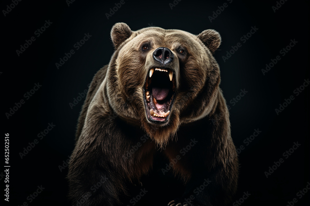 Fototapeta premium A brown bear with its mouth open on a black background
