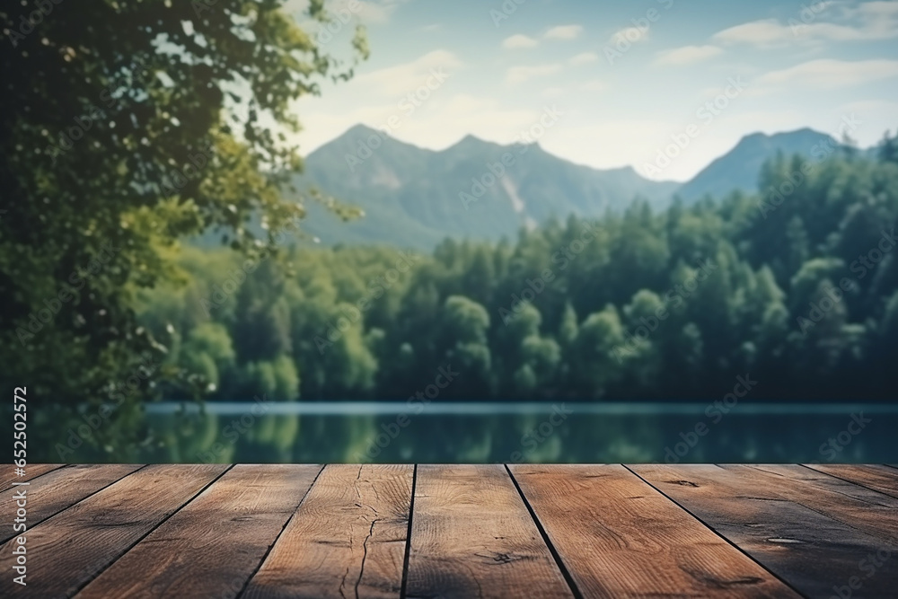 An empty wooden table, on the edge of a lake