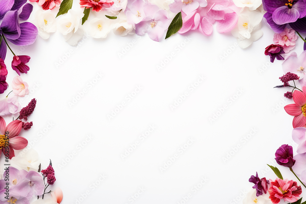 A frame of multicolored flowers on a white background