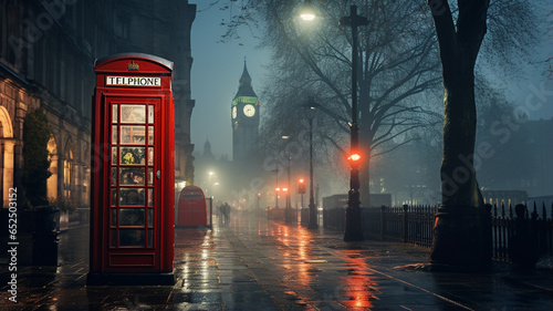 london telephone box with red booth in london, england.