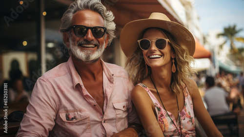 Happy mature couple walking around town in vacation