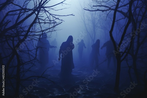 Chilling Halloween scene shrouded in mist, featuring spooky zombies and eerie ambiance