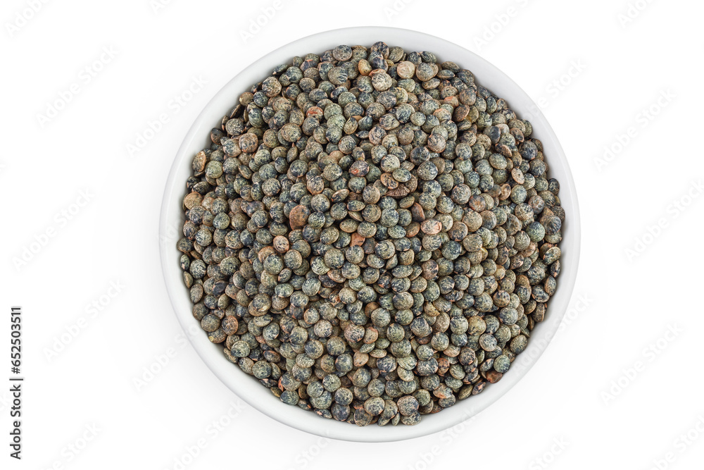 raw french green lentils in ceramic bowl isolated on white background. Top view. Flat lay raw french green lentils in ceramic bowl isolated on white background. Top view. Flat lay