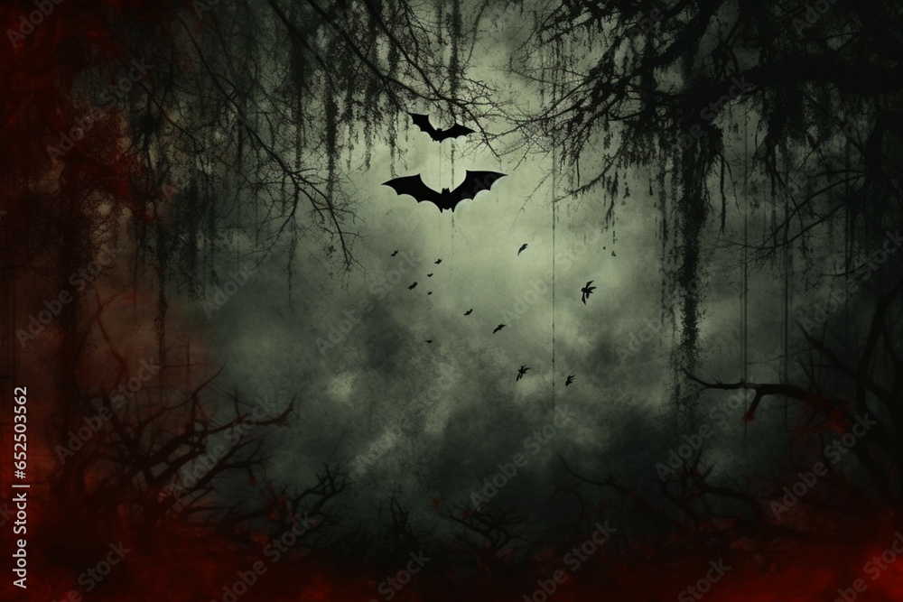Creepy grunge texture highlighted by a sinister tree and hovering bats - obrazy, fototapety, plakaty 