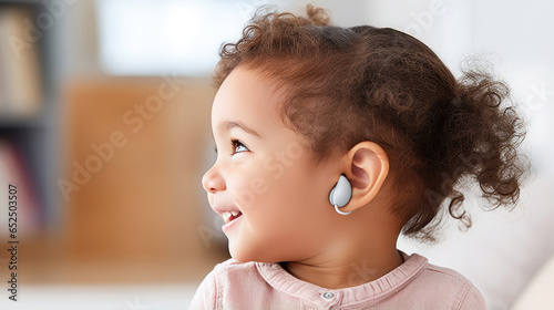 Generative AI, little kid, toddler, boy or girl with a hearing aid in his ear against the background of the living room, poor hearing, sound amplifier for the deaf, hard of hearing child, disabled photo
