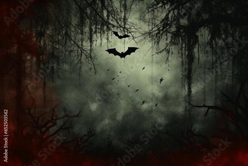 Creepy grunge texture highlighted by a sinister tree and hovering bats