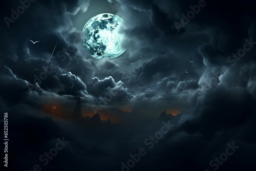 Eerie night sky on Halloween, with a full moon behind menacing, swirling clouds