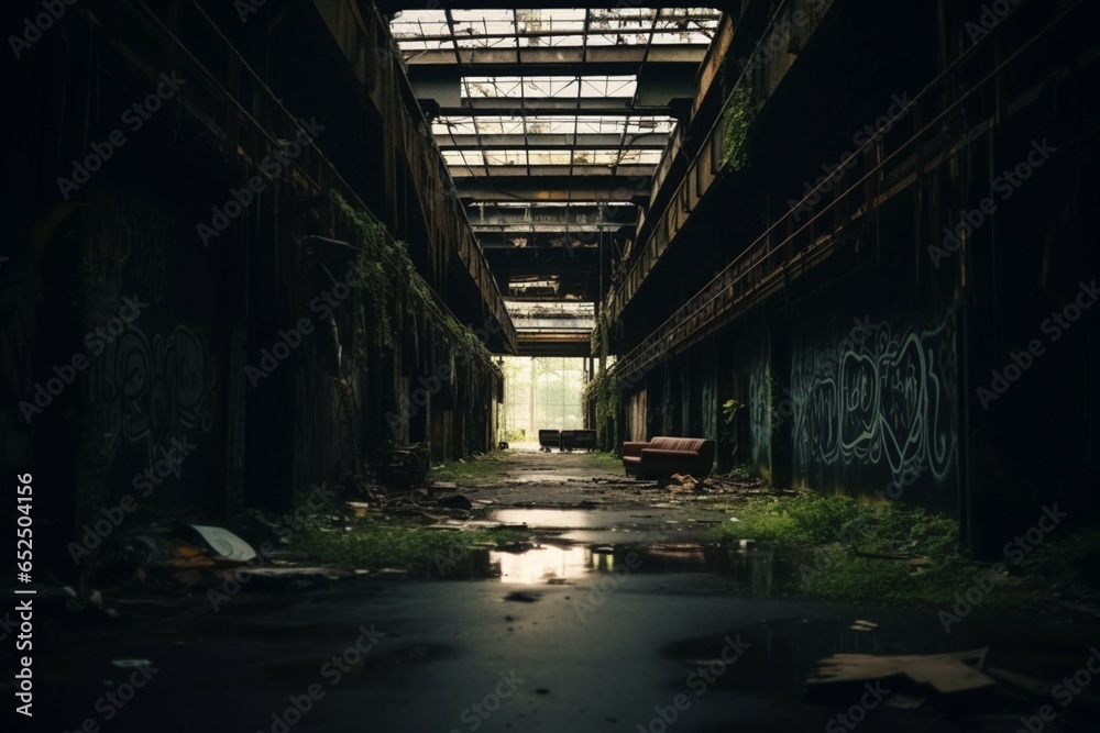 Forgotten indoor space within a suburban city's abandoned, decaying facility