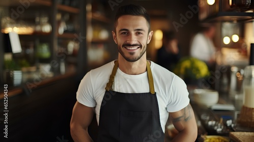 happy person wearing plain chef apron cooking in a beautiful modern mediterranean kitchen looking at the camera. colourful, healthy food in the kitchen. generative AI