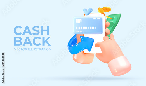 CASH BACK. Service or banking application on a mobile phone. Payment online. In realistic 3D style. Vector illustration.