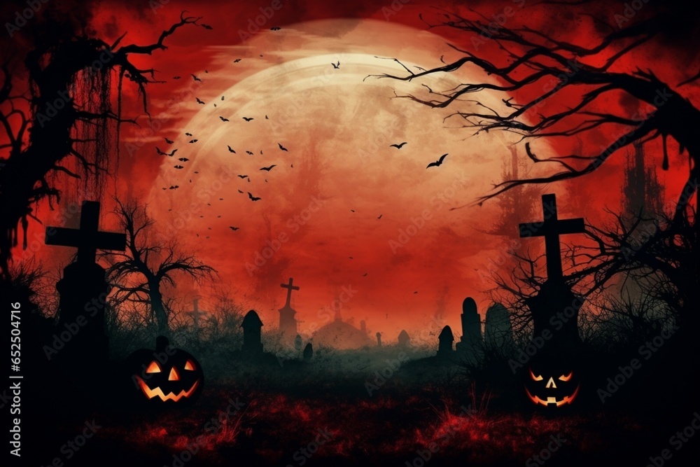 Rough, red grunge backdrop adorned with spooky Halloween themed black silhouettes