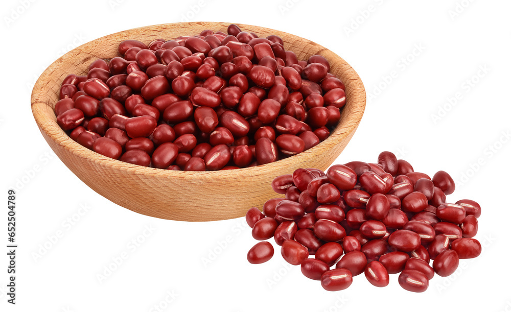 Red adzuki beans in wooden bowl isolated on white background Red adzuki beans in wooden bowl isolated on white background